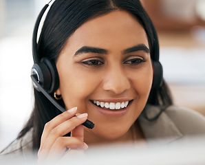 Image showing Woman, face and smile in call center for consulting, telemarketing or customer support at the office. Happy female employee consultant smiling with headset in communication for online service or help