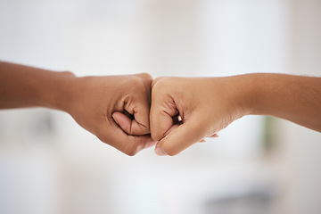 Image showing Fist bump, support and business people meeting for partnership, teamwork and corporate goal at work. Community, welcome and hands of employees in solidarity for a business collaboration and deal