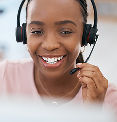 Image showing Black woman, happy customer support agent and call center employee with a smile working at online telemarketing business. Crm sales consultant, helping a customer and talking to contact us faq client