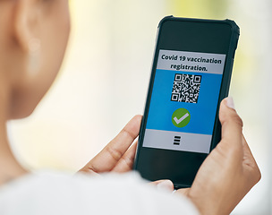 Image showing Hand phone, vaccine qr code and covid app on screen with registration for medical passport, barcode for work security or healthcare safety. Woman with travel digital vaccination certificate on mobile