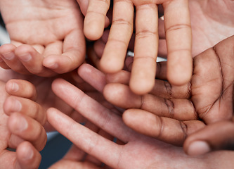 Image showing Diversity, hands and community with friends, trust and support with equality, love and social inclusion. People, hand and human partnership with together, hope or support for equal race opportunity