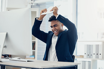 Image showing Angry, stress and businessman breaking technology in digital marketing office, advertising startup or company after 404 glitch. Mad, shouting or aggressive worker smashing tablet in rage from mistake