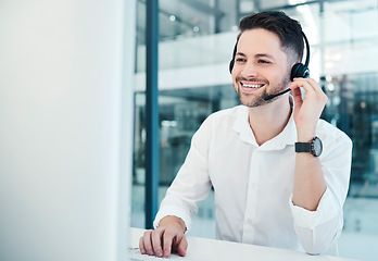 Image showing Telemarketing, customer service and call center worker with headset, happy and consulting online with computer. Consultant, customer support and contact us employee with advice, smile or help on crm