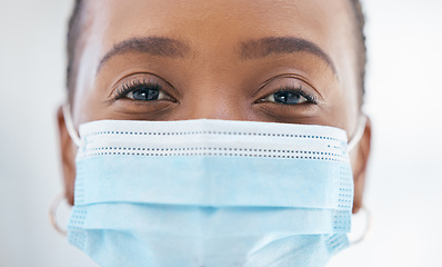 Image showing Face portrait, covid and black woman in mask for lockdown, flu season or quarantine. Health, safety and young female in compliance to covid 19 or corona virus rules, regulations or policy closeup.