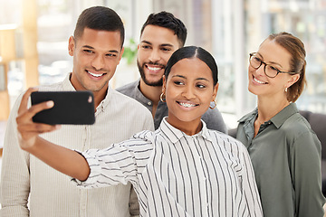 Image showing Business people taking team selfie for social media on smartphone, collaboration and teamwork of happy, smile and success startup agency. Friends, diversity staff and office workers taking fun photos