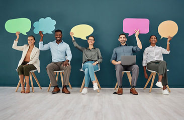 Image showing Diversity, poster and team with speech bubble, social media and marketing at interview, hiring and recruitment. Business people with board, sign and mockup space with review, opinion and advertising