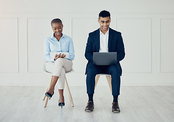 Image showing Recruitment, man and woman with digital device for job interview, startup company and research new business. Applicants in waiting room, internet analysis and planning for latest work data and smile.