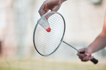 Image showing Sports, badminton and shuttlecock with racket and hands of woman training for games, competition and health. Match, workout and exercise with athlete ready to serve for goal, fitness and action