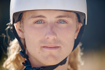 Image showing Fitness, cycling and portrait of man with helmet macro for exercise, workout and sport safety. Young biker sports guy ready for outdoor cyclist cardio and wellness for an active lifestyle.