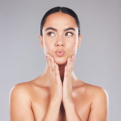 Image showing Skincare, lips care and beauty woman with facial cosmetics, luxury natural makeup or spa self care routine. Dermatology, healthcare and aesthetic model with clean glowing skin, wellness and puckering