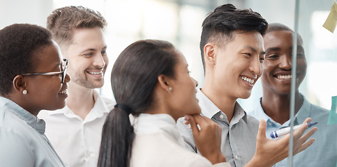 Image showing Business people, smile and teamwork in planning with sticky notes for strategy, brainstorming or ideas at the office. Happy creative employee team in collaboration, schedule or project plan together