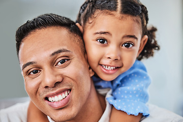 Image showing Family, girl and father in portrait with child having fun, hugging and bonding with dad at home on a weekend. Smile, Guadalajara and man smiling with a young kid or baby enjoys quality time in Mexico