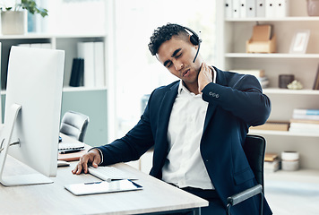 Image showing Neck pain, stress and call center businessman health injury, risk and frustrated at agency office desk. Young salesman consultant burnout, joint pain and poor body posture, anxiety and muscle problem