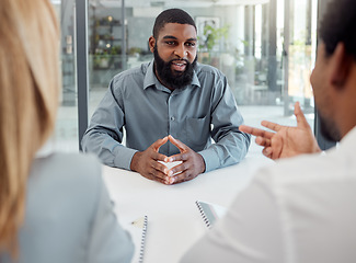 Image showing Hiring, recruitment and job interview businessman with Human Resources manager for salary negotiation strategy, conversation and question. Corporate black man with hr team for b2b client opportunity