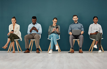 Image showing Recruitment, job interview or startup business people in line for hiring, human resources or internet in office. Tech, phone or laptop for meeting for feedback, HR or digital SEO small business team