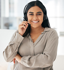 Image showing Contact us, call center and woman in customer support happy to help clients with loan or insurance advice. Smile, about us and Indian sales agent networking, talking and consulting customers online