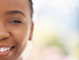 Image showing Portrait of half face, black woman and smile with skincare beauty mockup for before after cosmetics marketing. Happy african girl with natural makeup, eyebrow microblading and advertising makeover