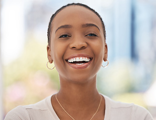 Image showing Happy, portrait and face of a black woman in corporate, working and smile as a business employee at work. Pride, excited and African lawyer with motivation and happiness for a professional career