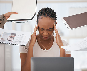 Image showing Headache, stress and burnout of black woman in office on laptop overwhelmed by task deadlines. Multitasking, mental health and sad, anxiety or depression of female employee working in finance job.