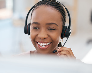 Image showing Black woman, smile and consulting in call center, contact us or telemarketing communication at the office. Happy African American female employee consultant with headset smiling for customer service