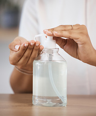 Image showing Skincare, safety and hands cleaning bacteria with liquid soap for healthy protection and disinfection. Healthcare, wellness and woman pressing hand sanitizer bottle for hand washing dirty germs