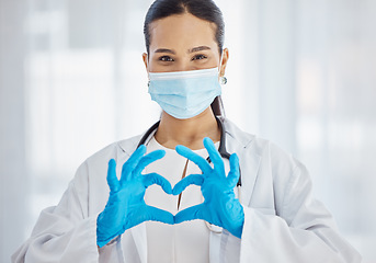 Image showing Heart, covid and hands of a doctor with support, love and help in healthcare at hospital. Medicine, insurance and portrait of a nurse with a face mask for virus, care at a clinic and helping at work