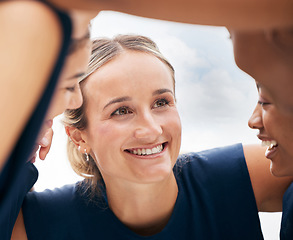 Image showing Teamwork, collaboration and sports women in huddle for motivation, team building or winning mindset outdoors. Netball, crowd and happy female players together for competition, game or match success.