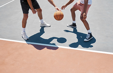 Image showing Men, exercise and basketball training, sport and game with basketball player on a court outdoor in summer. Healthy sports people or athlete, workout and fitness people practice for match with ball