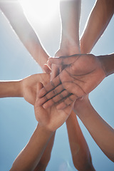 Image showing Hands, support and diversity with team, solidarity and together for collaboration and team building. Teamwork motivation, mission success and community with connection and trust in partnership.