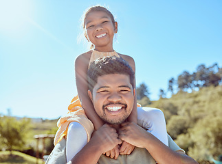 Image showing Family, nature and piggy back portrait with smile of happy daughter and father in Indonesia. Happiness of asian dad with young child in garden for outdoor summer bonding fun together.