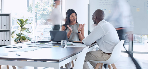 Image showing Mentor, black woman leadership or teamwork in collaboration for team building or consulting for business idea in boardroom. Training workshop, leader or manager for company accounting strategy review