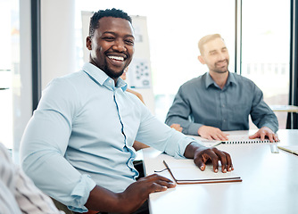 Image showing Meeting, corporate and portrait of African businessman sitting in the office boardroom with his team. Happy, smile and professional black man planning a company strategy or project in conference room