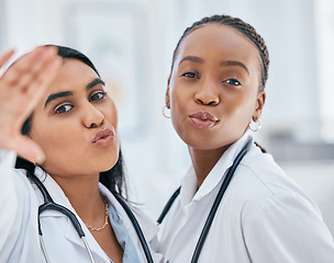 Image showing Doctors, selfie and medical team taking profile picture for friends, healthcare insurance and service in hospital. Face of nursing women happy for diversity, teamwork and collaboration for health