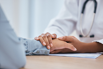 Image showing Doctor, patient and holding hands for empathy, trust and hope in consulting, support and healthcare insurance. Kindness, counseling and therapy from medical worker, psychology help and mental health