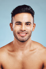 Image showing Happy, face and man model with healthy skin, skincare and beauty with a smile. Portrait of a person from Portugal with body wellness, health and satisfaction about cosmetic wellbeing and happiness