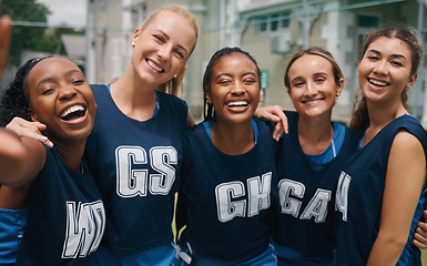 Image showing Netball huddle portrait, girl team smile and together for training workout, happy sport and diversity. Sports happiness woman, solidarity empowerment and happy teamwork girl in athlete group fitness