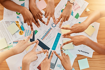 Image showing Victory fingers in a circle, marketing collaboration and teambuilding at a creative advertising company. Employee solidarity, peace hands together and business staff with support, trust and teamwork