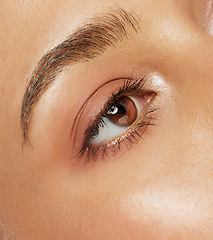 Image showing Microblading, eye and model woman face for eyecare, grooming and beauty closeup. Close up of female eyes with healthy skincare, wellness and glowing skin ready for sight test or eyebrow lamination