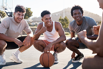 Image showing Basketball player, team and group talking for motivation and game strategy planning together with training coach in outdoor sun. Diversity basketball friends talking or listening to motivate speech