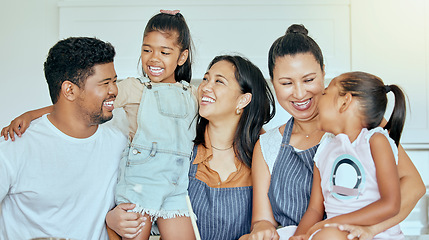 Image showing Grandmother, mom and father cooking with children as a happy family bonding and spending quality time in Mexico. Smile, mama and dad with mature woman enjoying holidays with girls, kids or siblings