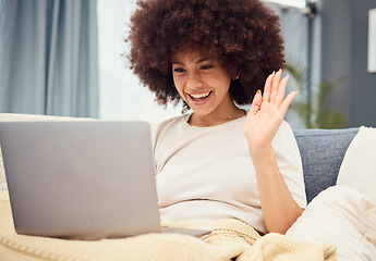 Image showing Sofa, laptop and wave, black woman on video call with afro, happy sitting in living room. Relax at home, chat online and connect, a woman with smile on internet networking communication on videocall.