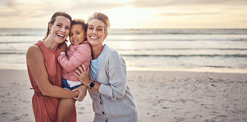 Image showing Lesbian, couple and portrait of family on beach together for travel vacation, happy and relax bonding by sea side. Happy homosexual parents, child smile and ocean sunset or relaxing in summer