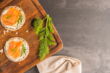 Image showing Smoked salmon on rice bread toasts