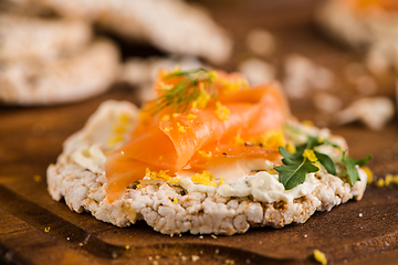Image showing Smoked salmon on rice bread toasts