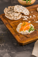 Image showing Smoked salmon on rice bread toasts