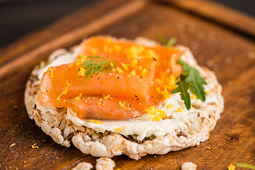 Image showing Smoked salmon on rice bread toasts