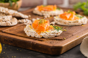 Image showing Smoked salmon on rice bread toasts