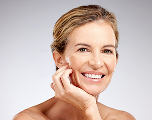 Image showing Beauty, skincare and portrait of happy mature woman with smile on face, skin glow and anti aging makeup. Health, wellness and senior lady enjoying healthy lifestyle, self love and luxury healthcare.