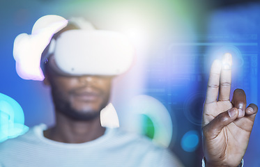 Image showing VR man, fingerprint and cyber innovation, user connection and ui biometric login to network password, digital future and metaverse. Hands click on virtual reality, cyber dashboard and futuristic tech