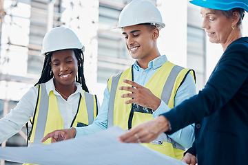 Image showing Man, women and architecture blueprint for building engineering, real estate innovation or property development in Canada city. Smile, happy or talking construction workers with paper design planning